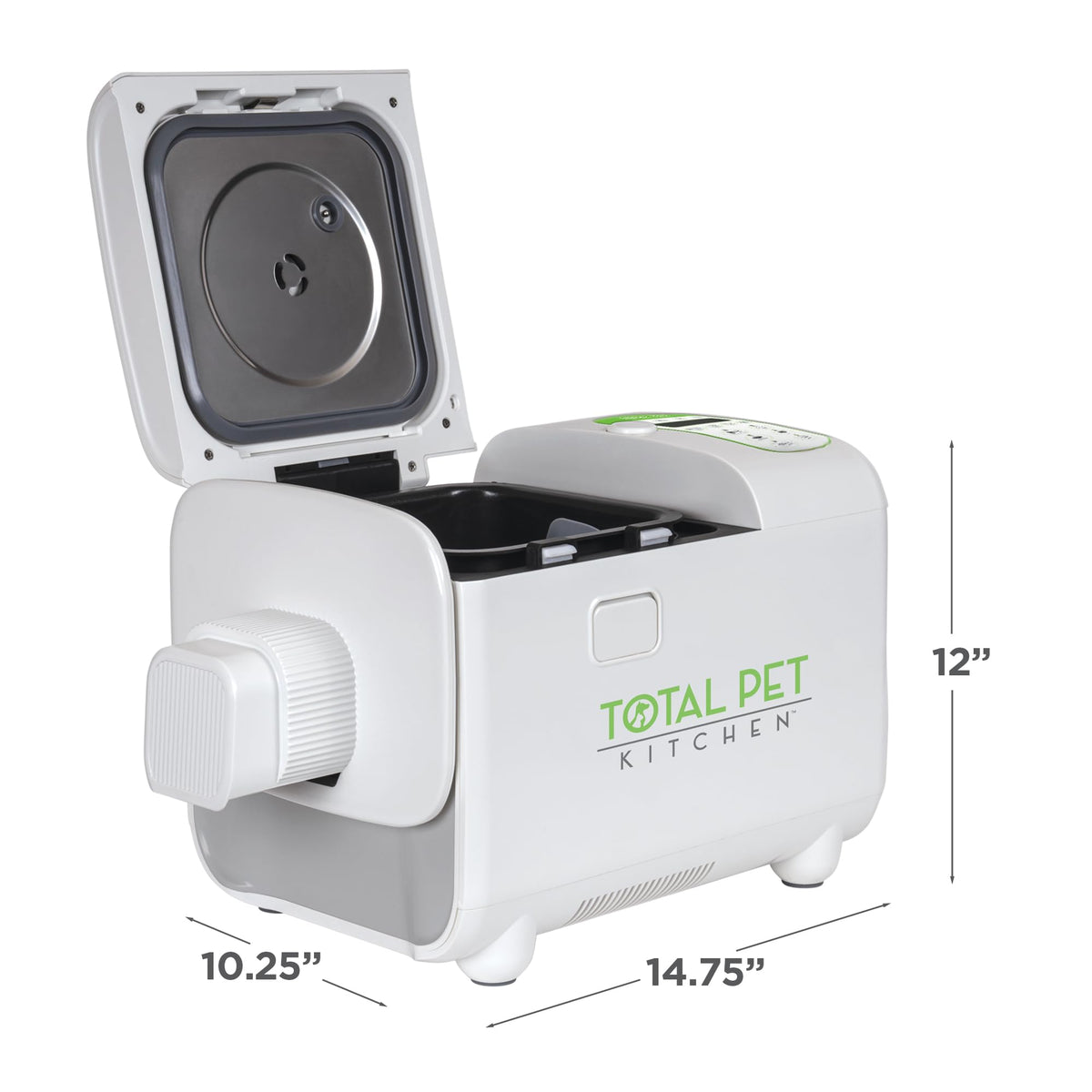 Total Pet Kitchen dimensions guide showing approximately 10.25 inches deep, 14.75 inches wide and 12 inches high