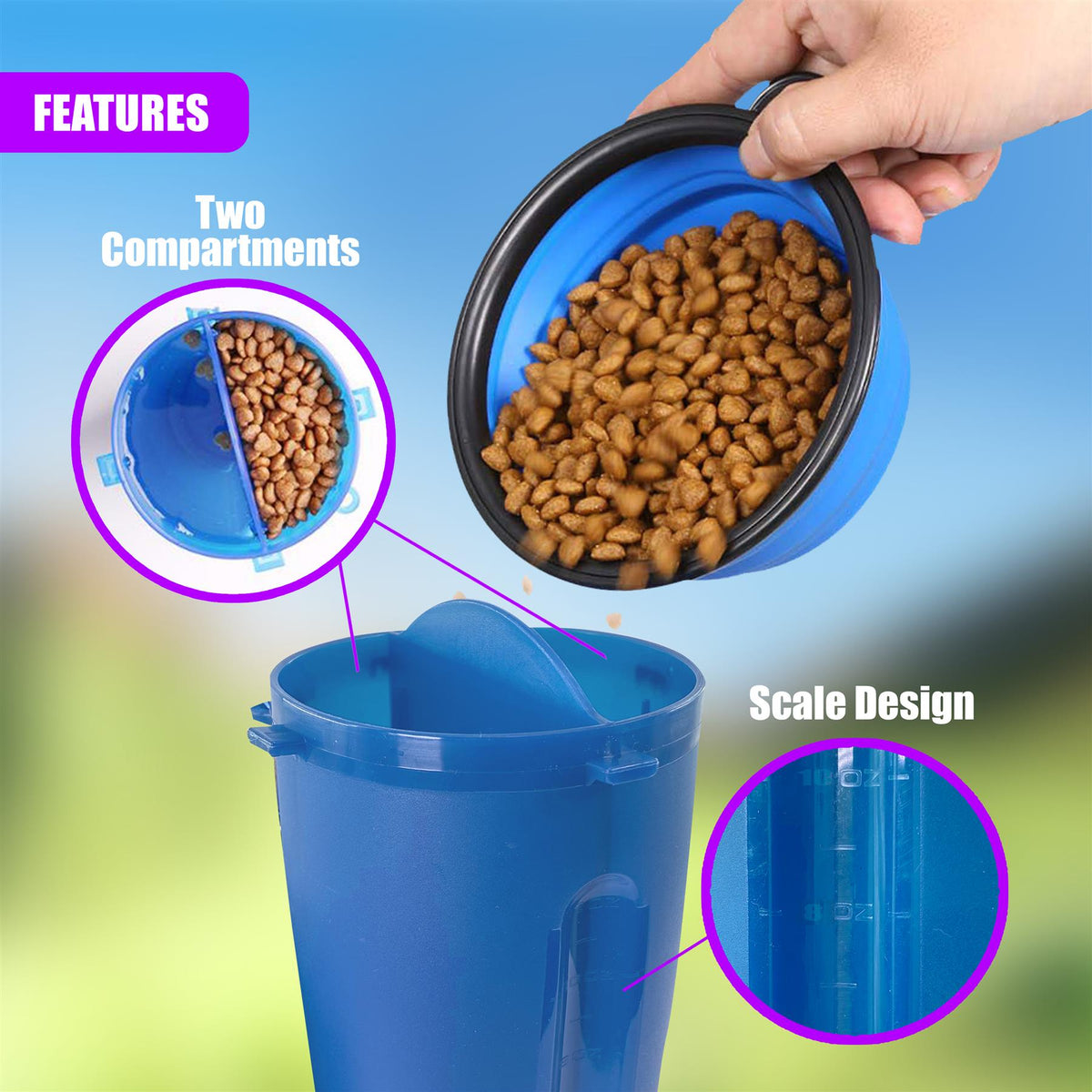 Blue dog travel bottle and collapsible bowl set with food and water compartments