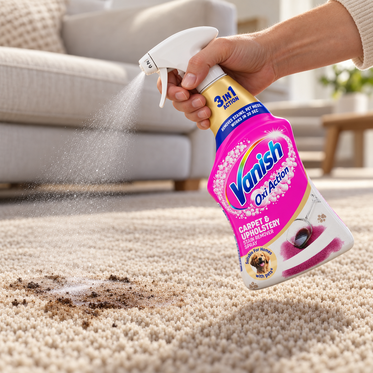 Vanish carpet and upholstery cleaner being sprayed onto a carpet stain