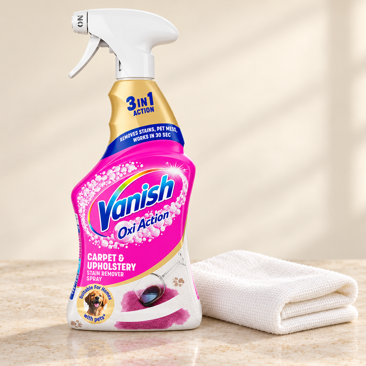 Vanish Oxi Action 1 litre bottle beside a folded cleaning cloth