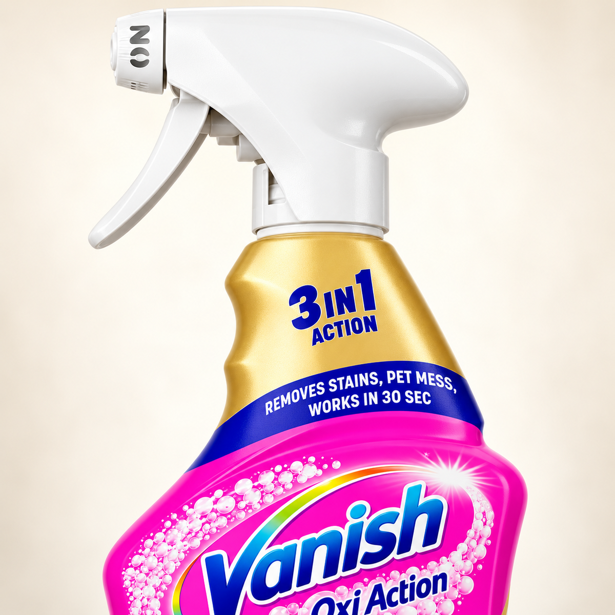Close-up of the Vanish Oxi Action bottle trigger and label