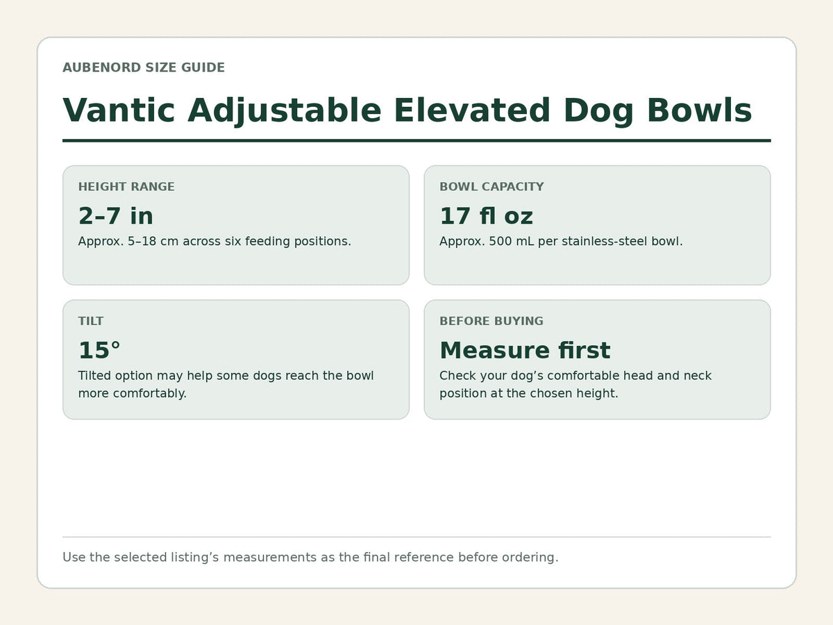 Vantic adjustable elevated dog bowls size and height guide