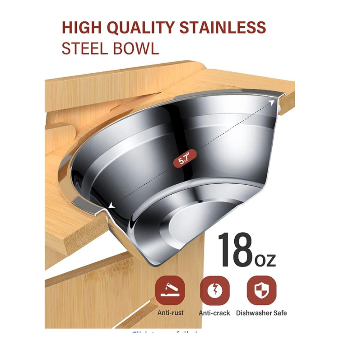 Vantic stainless-steel bowl detail showing 18 oz capacity and 5.7-inch bowl opening