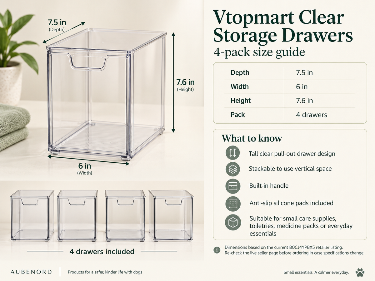 Vtopmart clear storage drawers 4-pack size guide showing 7.5 inch depth, 6 inch width and 7.6 inch height