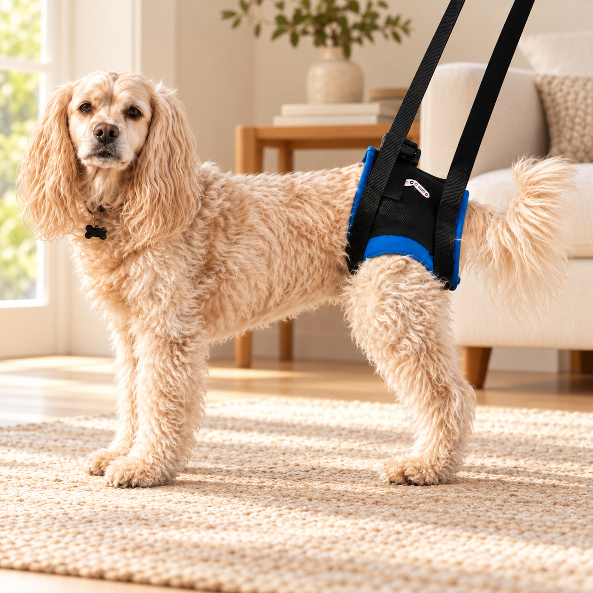 Cream dog wearing a Walkabout rear lift harness with lifting straps