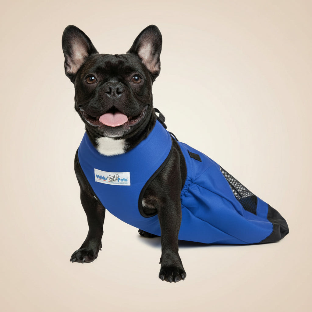 Dog using a blue Walkin’ Drag Bag for body protection while moving indoors