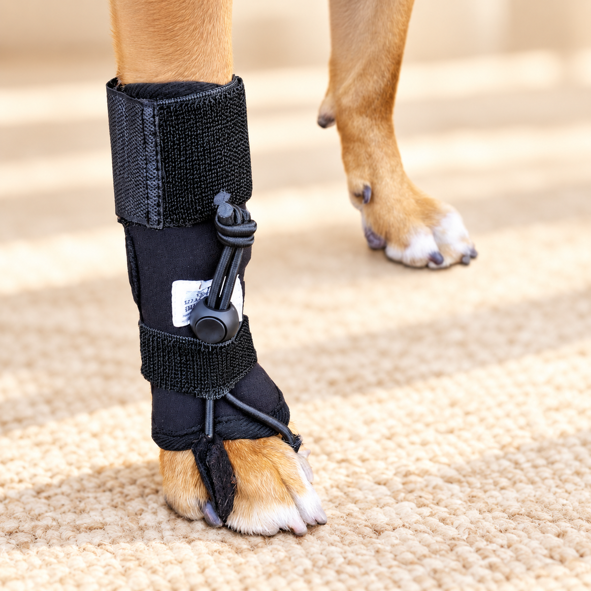 Close view of the training sock straps and cord around a dog's paw