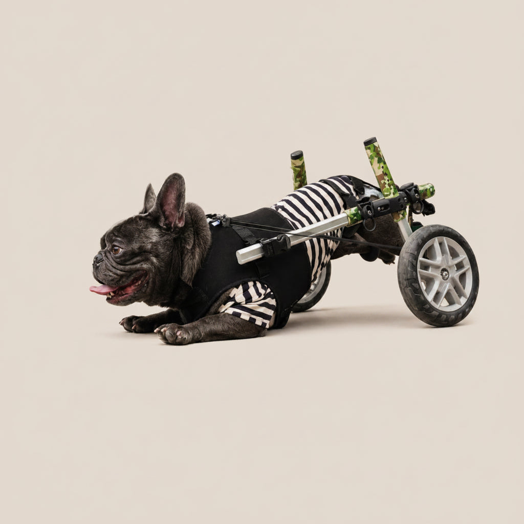 Loui the French Bulldog using a Walkin’ Wheels rear wheelchair for hind-leg mobility support