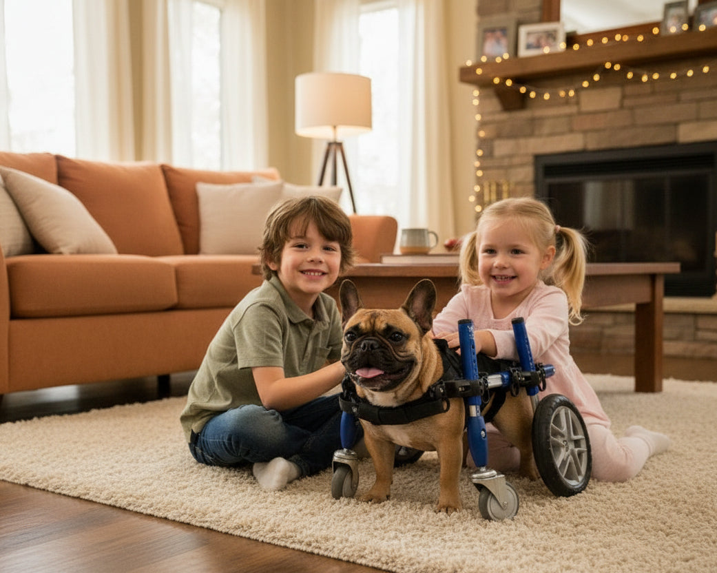 Walkin’ Wheels four-wheel dog wheelchair setup for front and rear mobility support