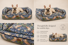 Morris & Co Strawberry Thief pet sofa bed feature graphic with cream French Bulldog, supportive bolsters and patterned fabric details