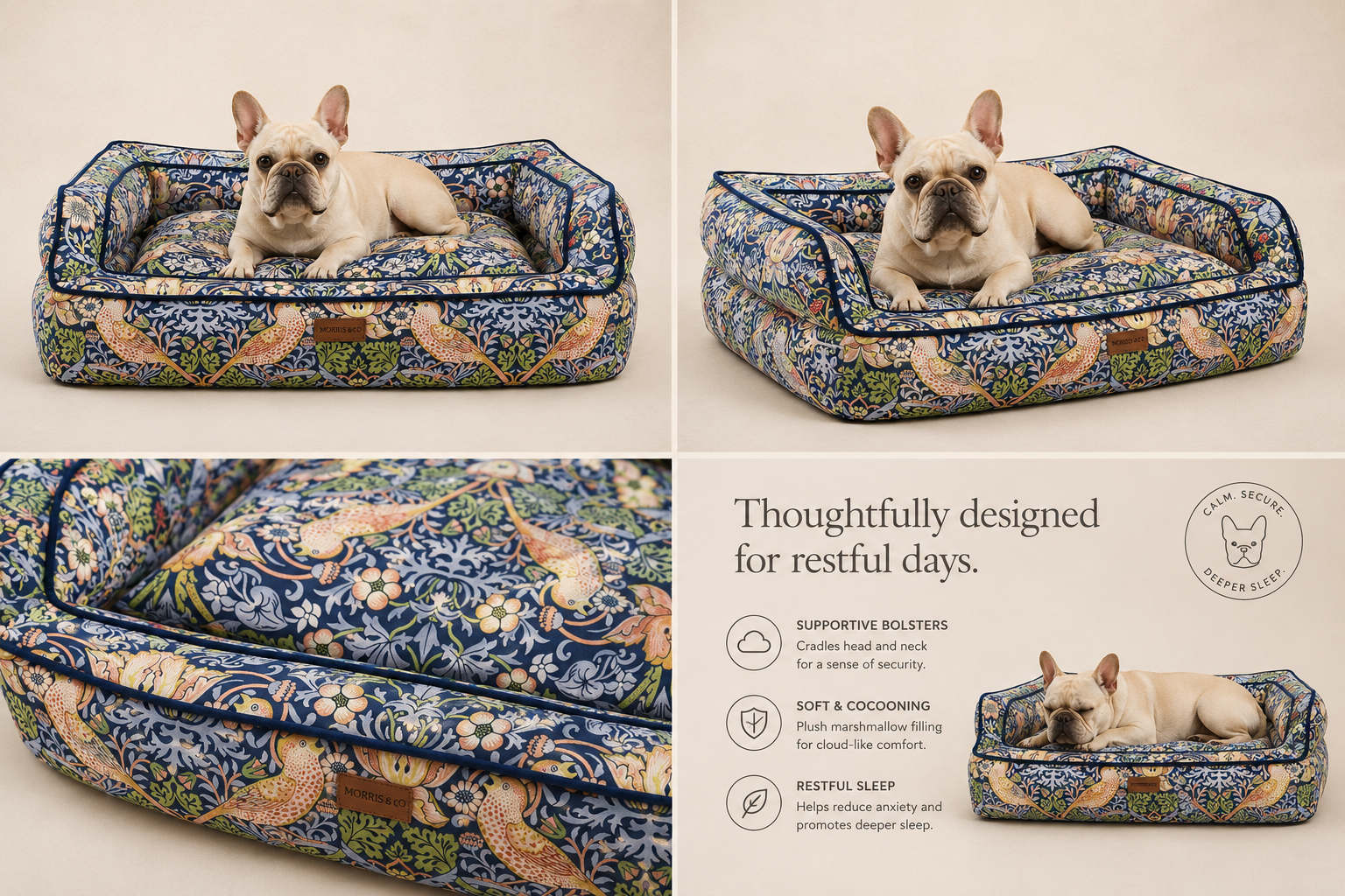 Morris & Co Strawberry Thief pet sofa bed feature graphic with cream French Bulldog, supportive bolsters and patterned fabric details