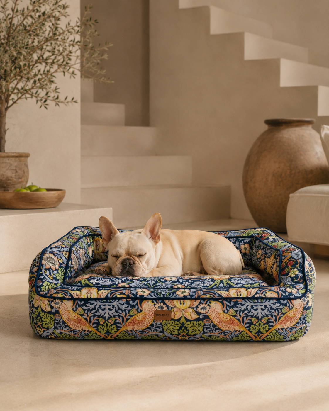 Cream French Bulldog resting in a Morris & Co Strawberry Thief pet sofa bed in a warm neutral home interior