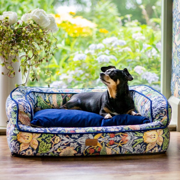 Morris & Co Strawberry Thief dog sofa bed in dark blue floral print with a small dog resting inside