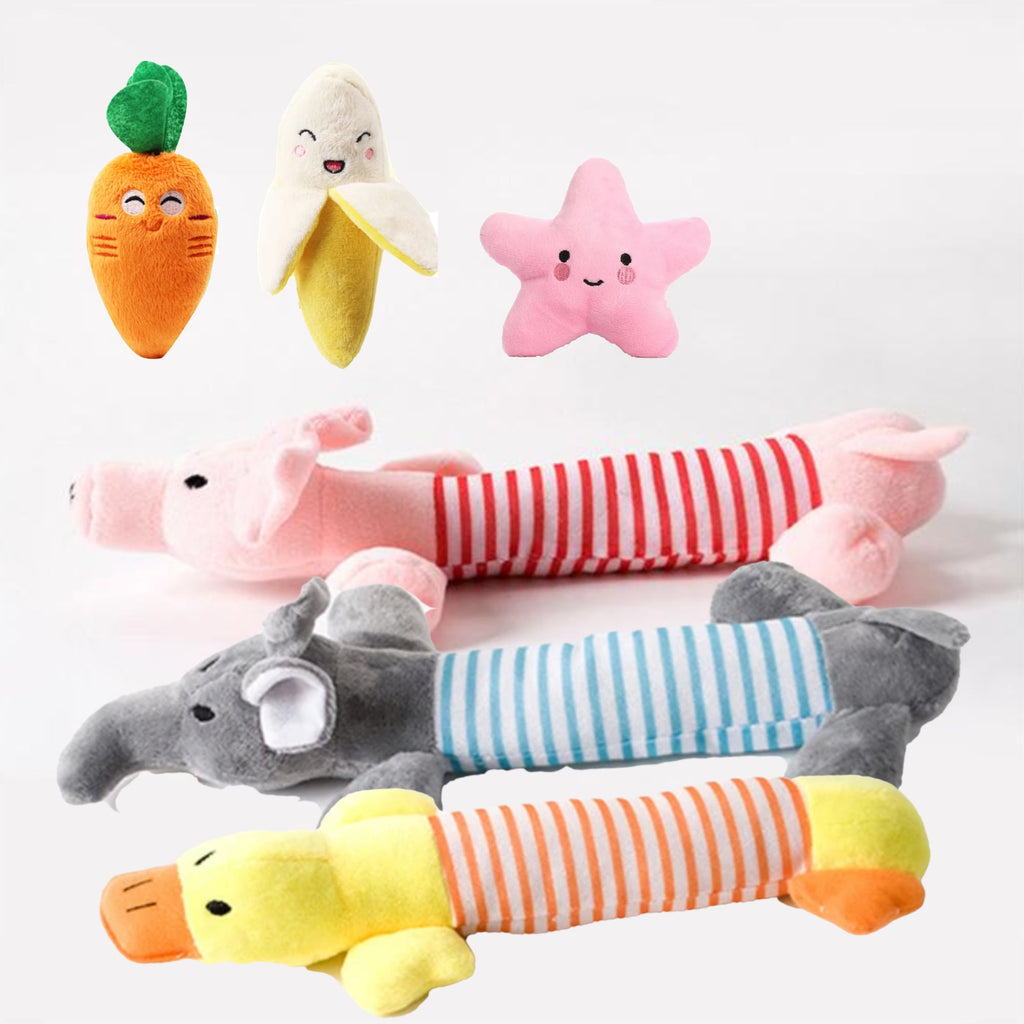 Selection of plush toys for dogs, star shape, banana shape, elephant shape, piggy shape, duck shape, carrot shape