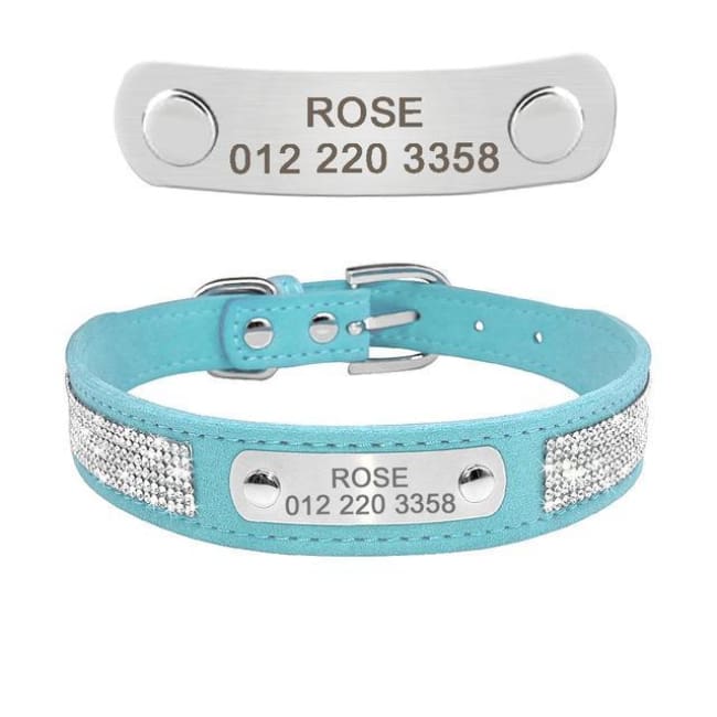 Chelsea Bling Bling Engraved Dog Collar - Blue - French bulldog Collar