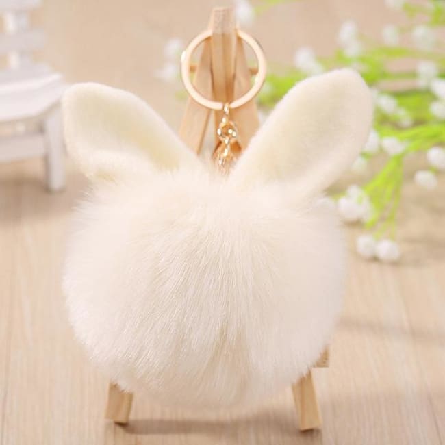 Fluffy Bunny Pom Pom Ball Keychain - Beige - Key Chain