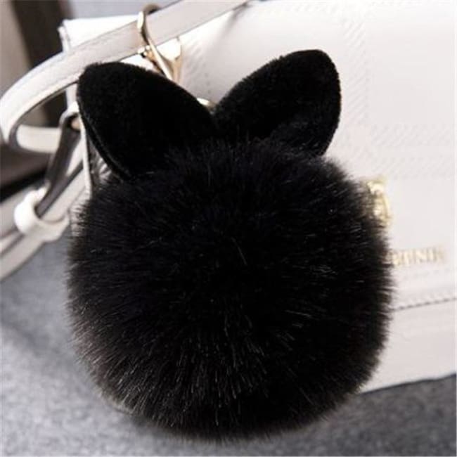 Fluffy Bunny Pom Pom Ball Keychain - Black - Key Chain
