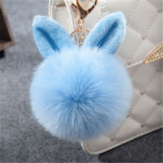Fluffy Bunny Pom Pom Ball Keychain - Blue - Key Chain
