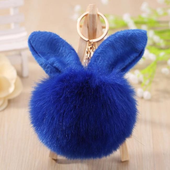Fluffy Bunny Pom Pom Ball Keychain - Dark Blue - Key Chain