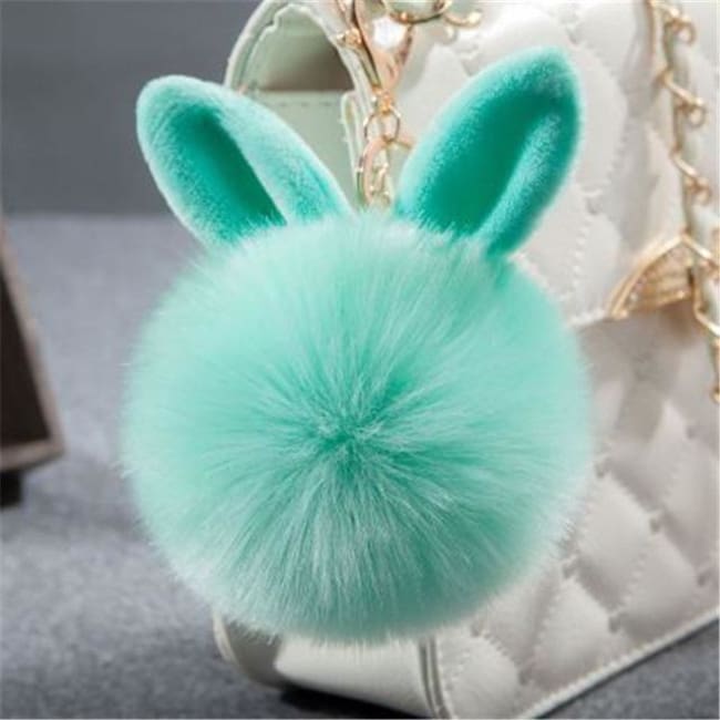 Fluffy Bunny Pom Pom Ball Keychain - Green - Key Chain