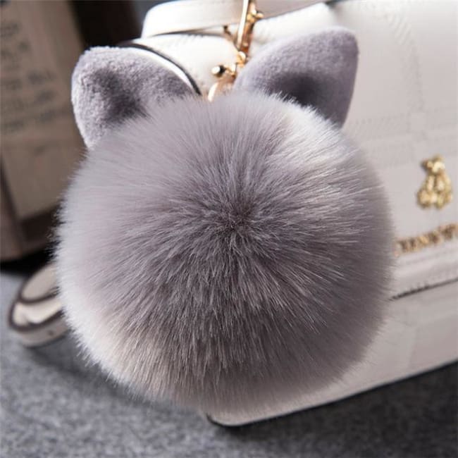 Fluffy Bunny Pom Pom Ball Keychain - Grey - Key Chain