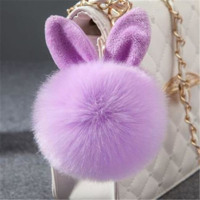 Fluffy Bunny Pom Pom Ball Keychain - Light Purple - Key Chain