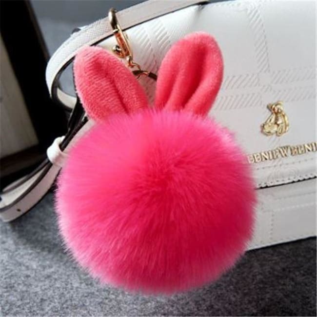 Fluffy Bunny Pom Pom Ball Keychain - Rose Red - Key Chain