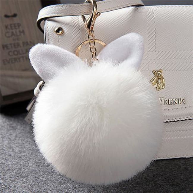 Fluffy Bunny Pom Pom Ball Keychain - White - Key Chain