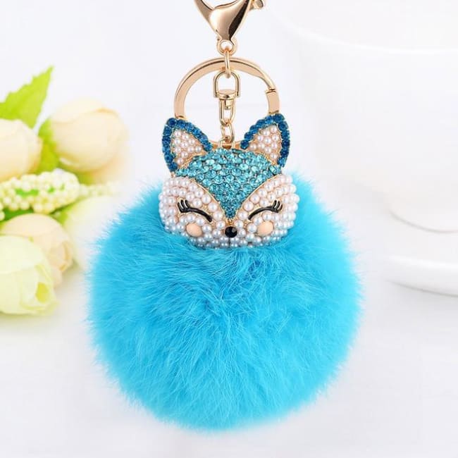 Foxy Roxy Cute Fur Pom Pom Ball Keychain - Blue - Key Ring