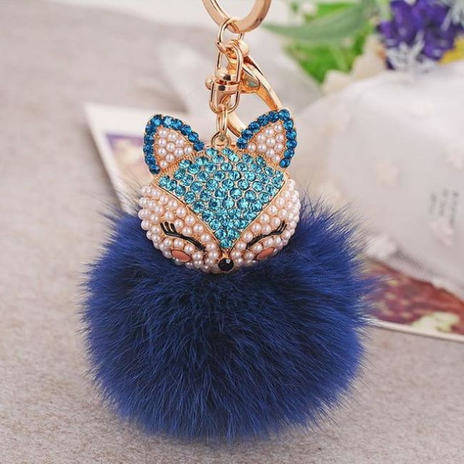 Foxy Roxy Cute Fur Pom Pom Ball Keychain - Blue Navy - Key Ring