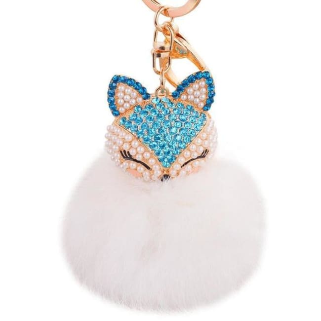 Foxy Roxy Cute Fur Pom Pom Ball Keychain - Blue White - Key Ring