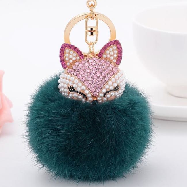 Foxy Roxy Cute Fur Pom Pom Ball Keychain - Green - Key Ring
