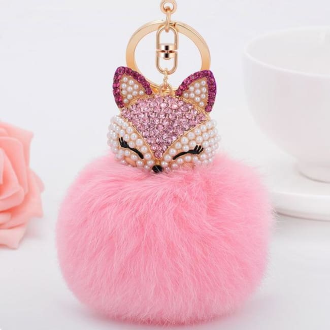 Foxy Roxy Cute Fur Pom Pom Ball Keychain - Pink - Key Ring