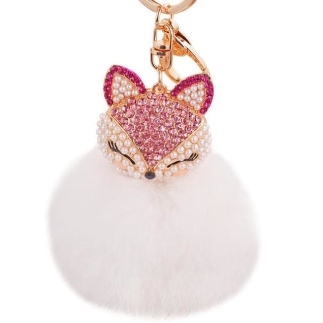 Foxy Roxy Cute Fur Pom Pom Ball Keychain - Pink White - Key Ring