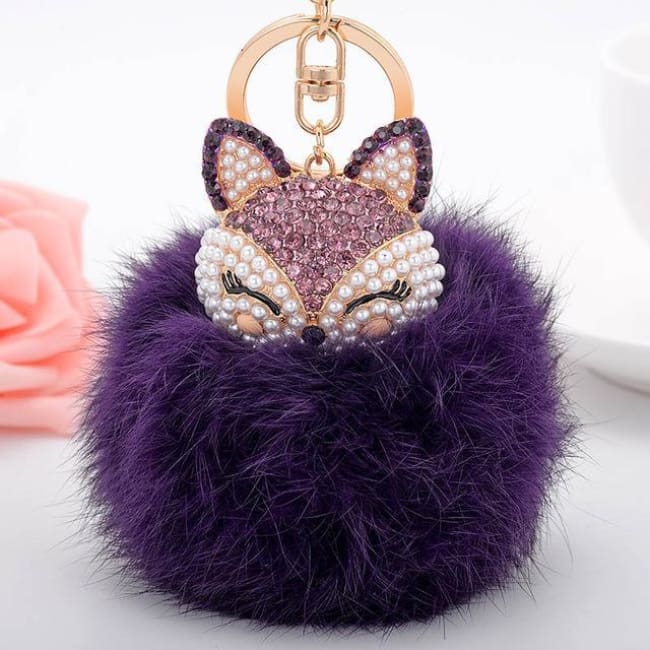Foxy Roxy Cute Fur Pom Pom Ball Keychain - Purple - Key Ring