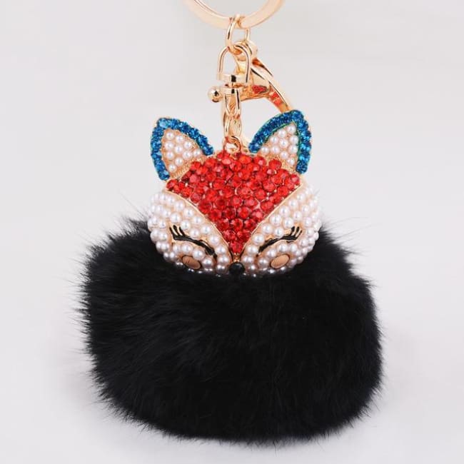 Foxy Roxy Cute Fur Pom Pom Ball Keychain - Red Black - Key Ring