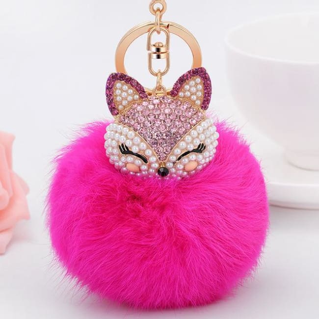 Foxy Roxy Cute Fur Pom Pom Ball Keychain - Rose Red - Key Ring