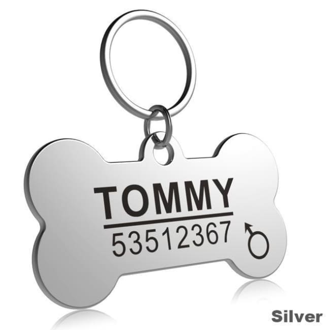 Little Chester Dog And Cat Engraved Id Tag - Bone Silver / L - Dog Collar