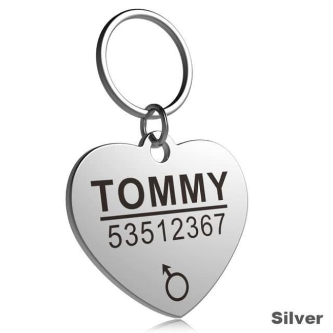 Little Chester Dog And Cat Engraved Id Tag - Heart Silver / L - Dog Collar