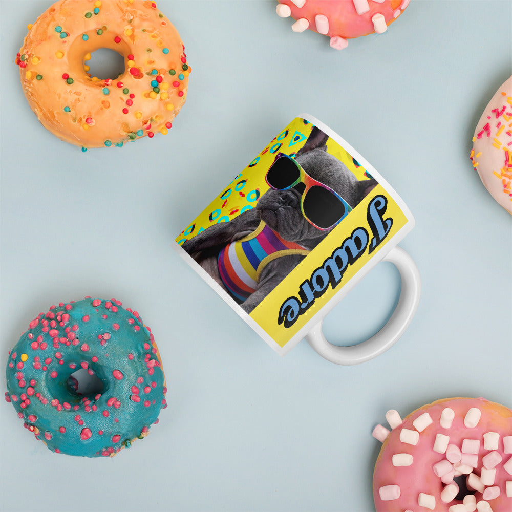 Frenchbulldog Coffee Mug - Background image next to doughnuts
