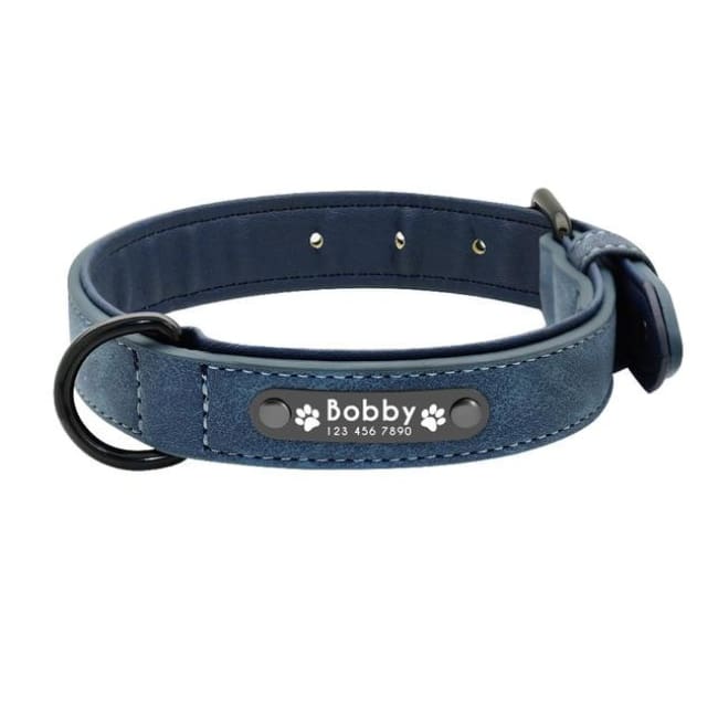 Personalized Custom Leather Dog Collar - Blue - Dog Collars, French bulldog leather collar