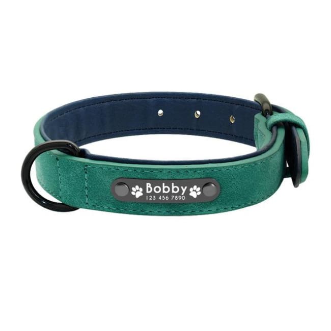 Personalized Custom Leather Dog Collar - Green - Dog Collars, French bulldog leather collar