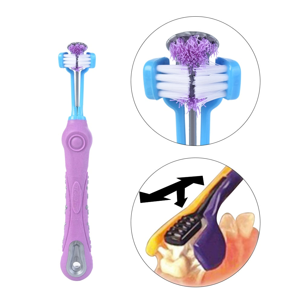 Dog Toothbrush, Dog Teeth Cleaning, Three Head Dogs Toothbrush, Non-slip Handle - Purple Colour