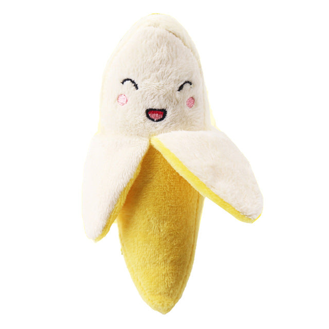 Selection of plush toys for dogs, banana shape
