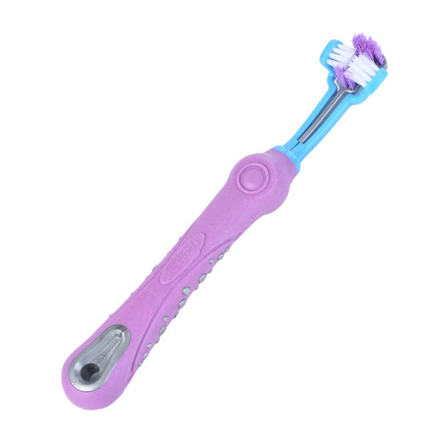 Dog Toothbrush, Dog Teeth Cleaning, Three Head Dogs Toothbrush, Non-slip Handle - Purple Colour