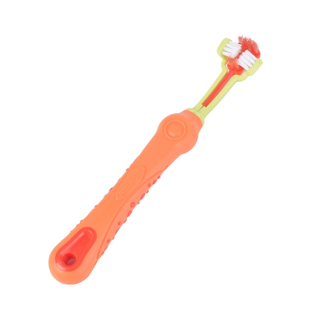 Dog Toothbrush, Dog Teeth Cleaning, Three Head Dogs Toothbrush, Non-slip Handle - Orange Colour